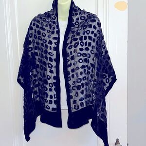 Chico’s black viscose/silk shawl/wrap with raised chenille gold & silver design‎